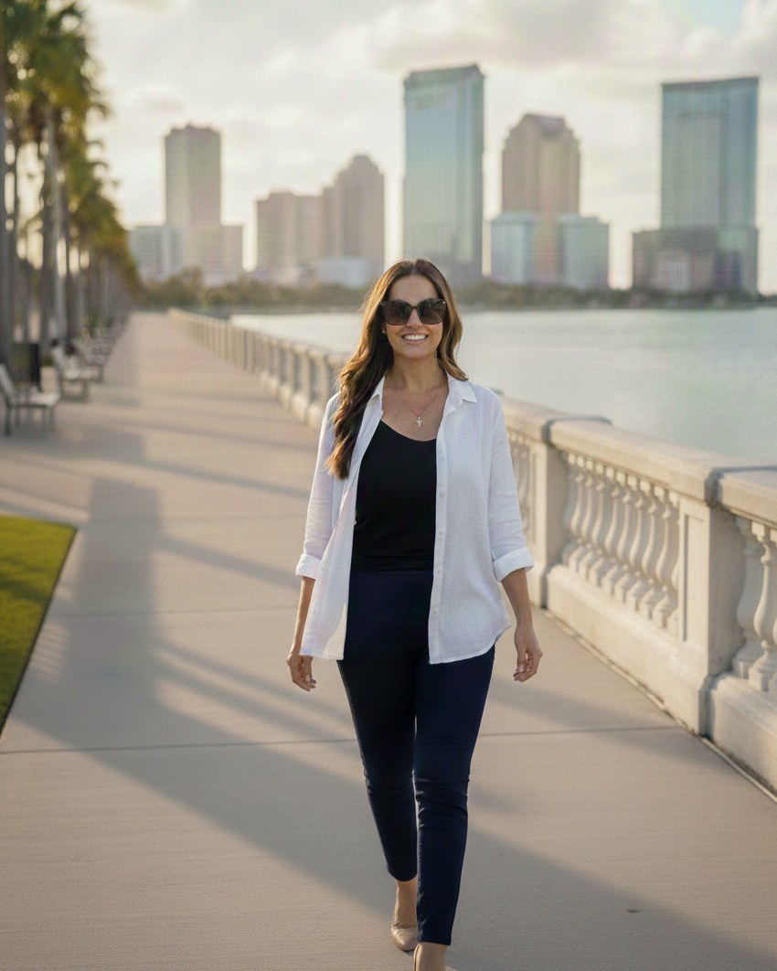 Jenn Mitchell, Tampa relocation Realtor, on Bayshore Boulevard with the downtown Tampa skyline